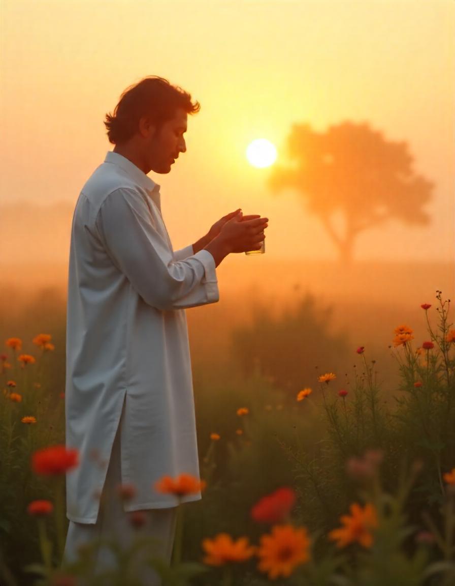 male offering water to sun